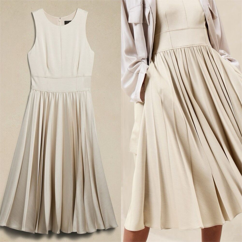 NWT Banana Republic Ness Pleated Satin Midi Dress Champagne Sz 2